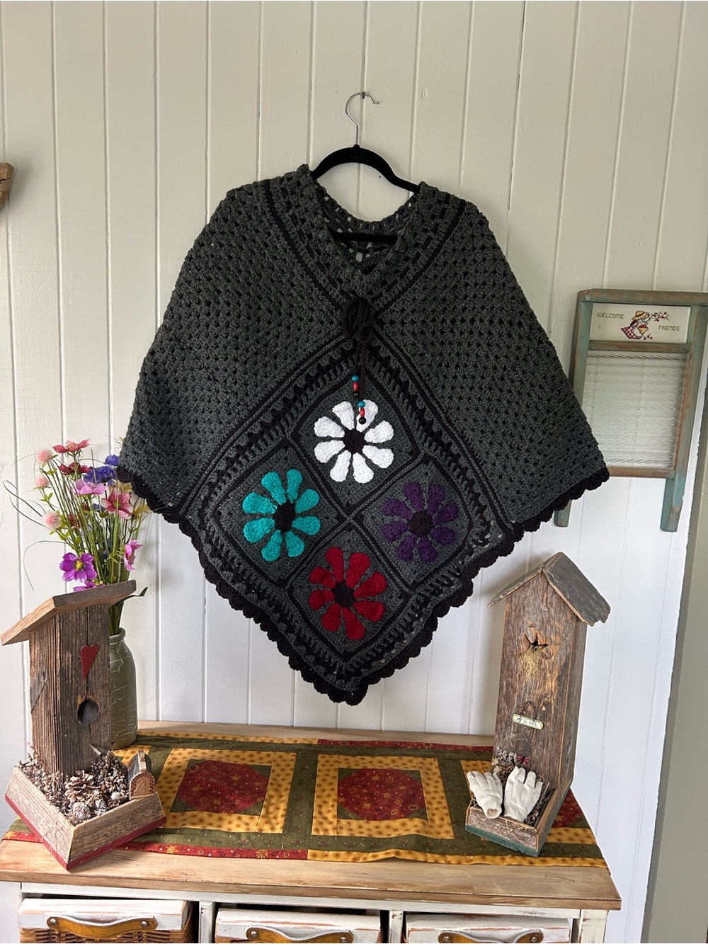 Dark Gray Crochet Poncho with Multicolor Flower Squares